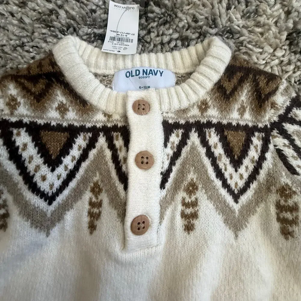 NWT Old Navy Fair Isle Sweater Romper Outfit Cream Brown Baby Boy 6-12 Months